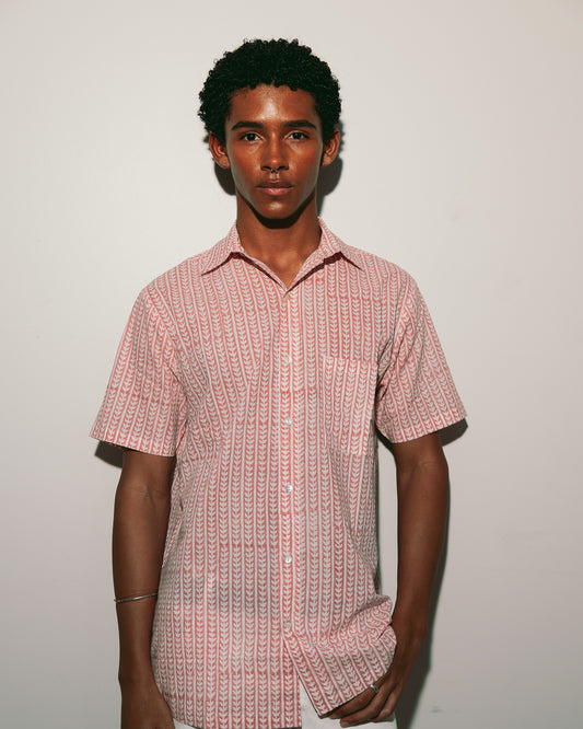 Cherry Shirt, hand block-printed coral leaf print, short sleeve