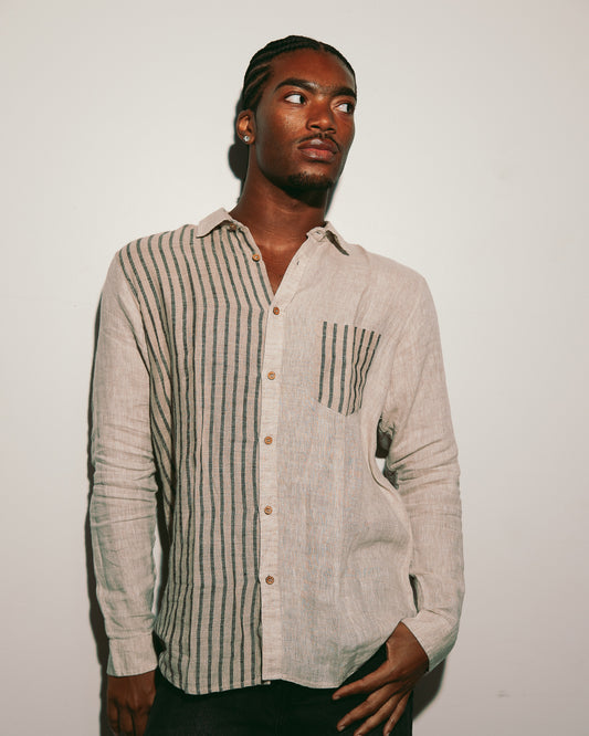 Orion Shirt, 100% linen with striped panel, long sleeve