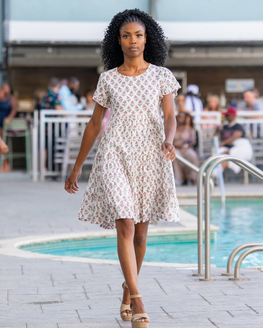 Anna Dress – hand block-printed cream floral tiered cotton dress, runway front view