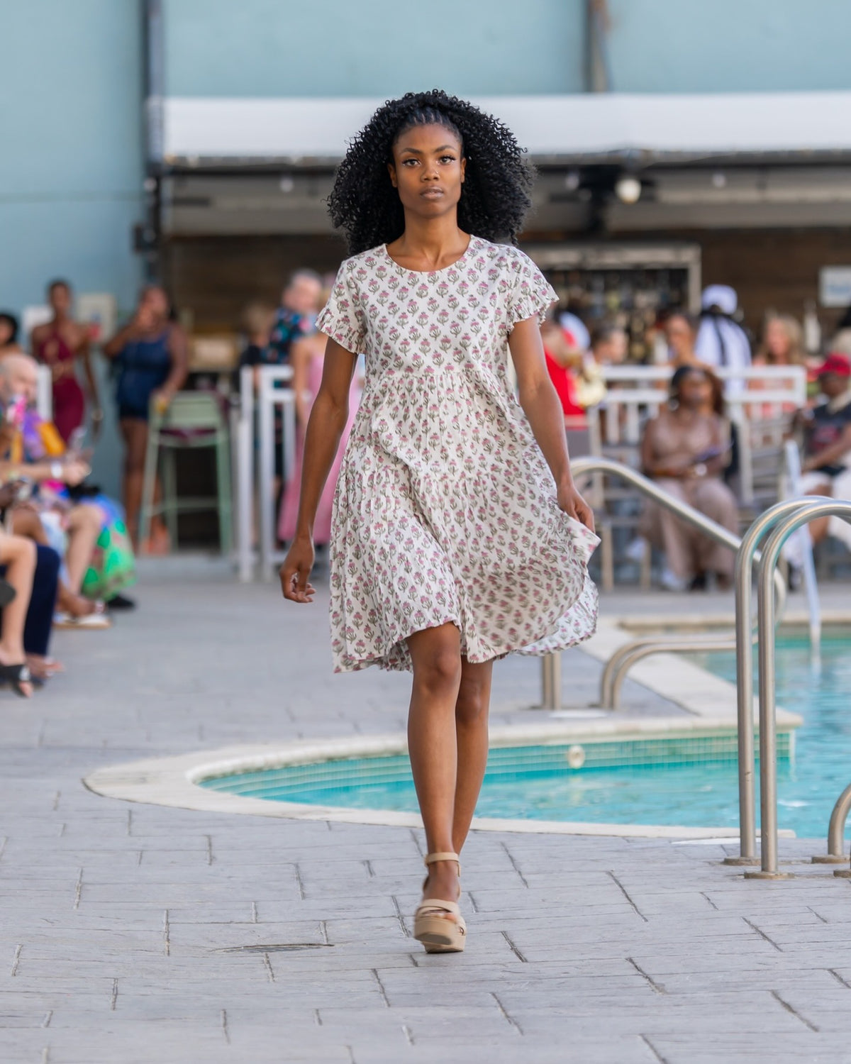 Anna Dress – hand block-printed cream floral tiered cotton dress, runway front view, full length