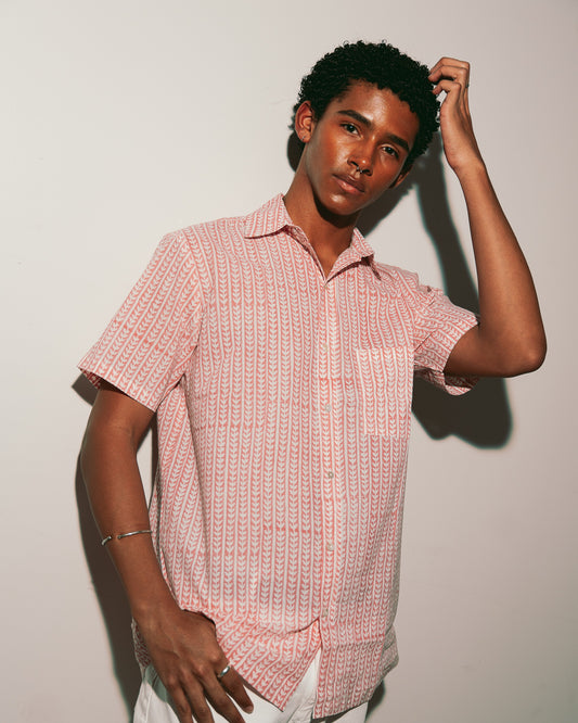 Cherry Shirt, hand block-printed coral leaf print, short sleeve