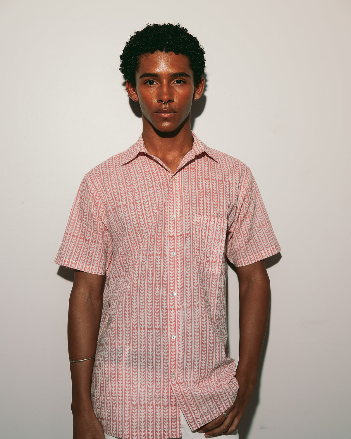 Cherry Shirt, hand block-printed coral leaf print, short sleeve