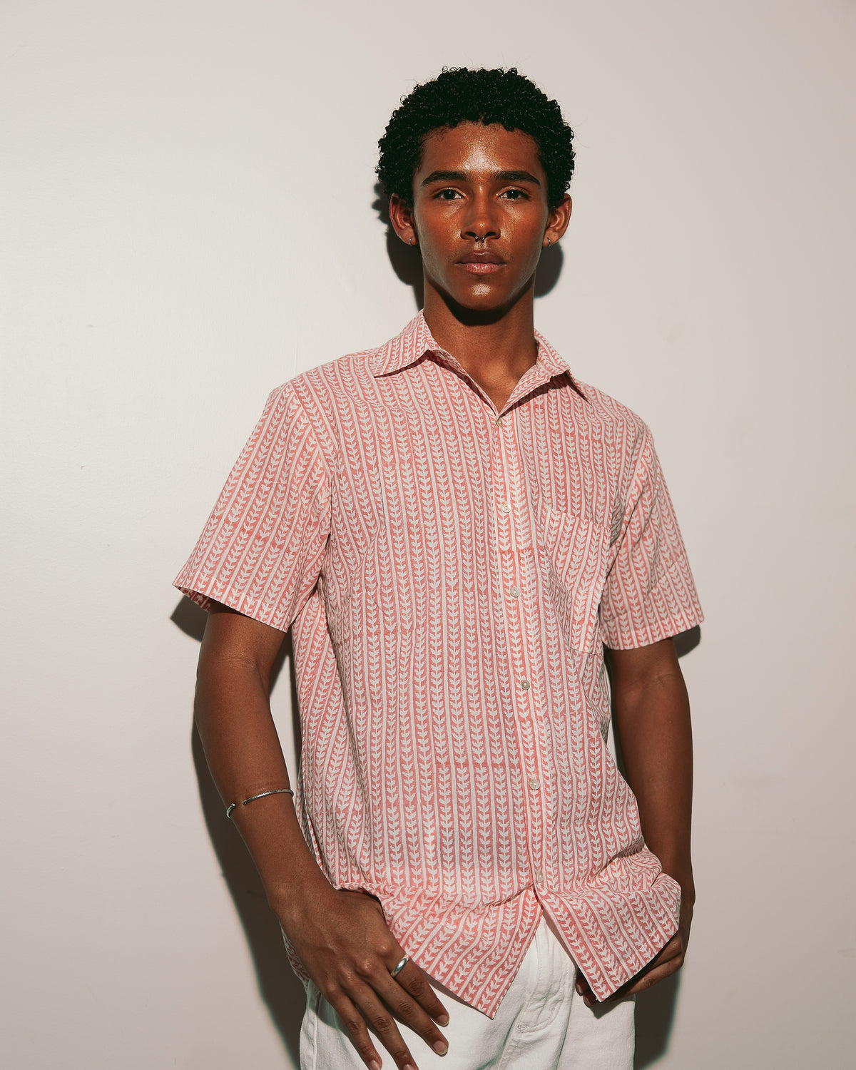 Cherry Shirt, hand block-printed coral leaf print, short sleeve