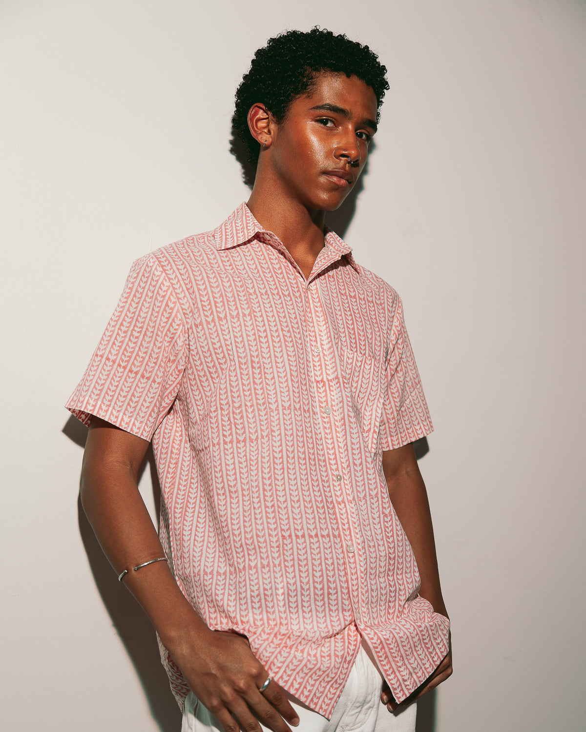 Cherry Shirt, hand block-printed coral leaf print, short sleeve