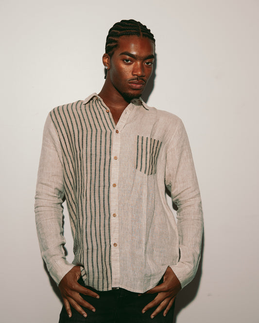 Orion Shirt, 100% linen with striped panel, long sleeve